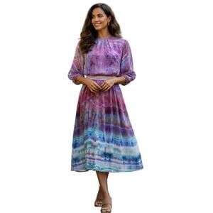 Vintage, Reworked Silk Hand-Tie-Dyed Full Midi Dress. Royal Silk. Size: 8